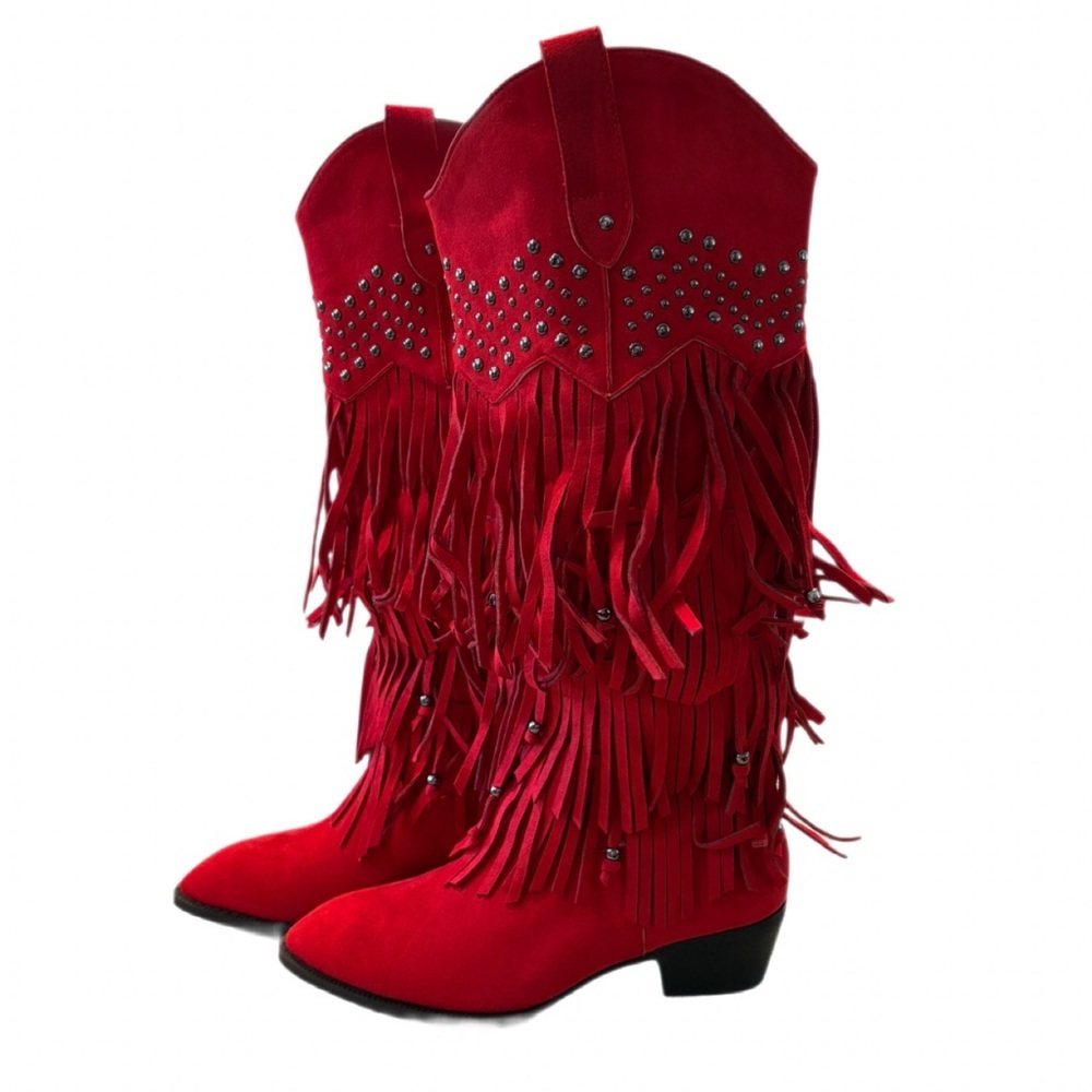 Arqa Red Suede Fringe Western Knee High Boots Wide Calf Eu 39 Us 8-8.5 Nwt — image 5 of 6